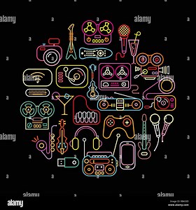 Home electronic icons round shape vector illustration. Neon colors silhouettes on a black background Stock Vector Image & Art - Alamy