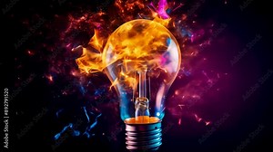 Light bulb with fire and smoke on black background. Glowing explosion of electricity and energy. Shattered lamp illuminates night with hot flames. Power and technology hazard.