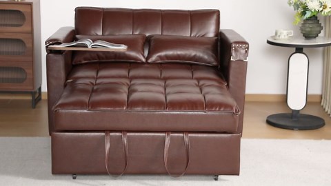 Leather Convertible 3 in 1 Sleeper Sofa Bed, Small Upholstered Loveseat Pull Out Couch, Multi-Functional Sleeper Futon with Hidden Table and Adjustable Backrest for Living Room (Brown)