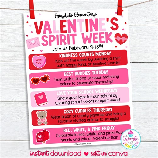 Valentine's Day Spirit Week Flyer Template | Editable Valentine Dress up Days PTO PTA | Edit in Canva - Etsy