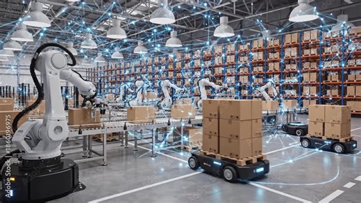 Futuristic Smart Warehouse with Robotic Arms & Autonomous Mobile Robots, Connected by AI Network for Efficient Logistics & Industry 4.0 Automation