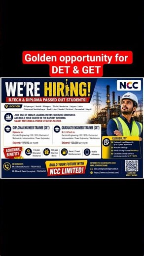 NCC Limited Recruitment 2026 | B.Tech & Diploma Freshers Hiring | GET & DET Jobs