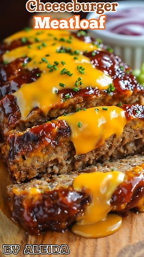 Cheeseburger Meatloaf Ingredients Meatloaf 1 ½ lbs (680g) ground beef 1 small onion, finely diced 2 garlic cloves, minced 1 cup shredded cheddar cheese (plus more for topping) 2 eggs 1 cup breadcrumbs (or crushed Ritz crackers) 1 tbsp Worcestershire sauce ¼ cup ketchup ¼ cup mayo 2 tbsp yellow mustard ½ tsp paprika Salt pepper to taste Optional: 4–6 slices American cheese (for inside layer) Topping ¼ cup ketchup 2 tbsp yellow mustard 2 tbsp brown sugar 👩‍🍳 Instructions 1️⃣ Prep Preheat oven to