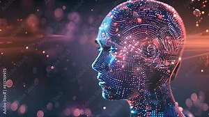 A graphic representation of a human head formed by digital networks, symbolizing advanced artificial intelligence and technology.