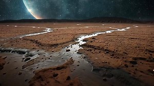 Download An alien planet barren landscape with streams of water flowing across the dry soil, capturing an extraterrestrial environment reminiscent of Mars or other distant worlds in space exploration. for free