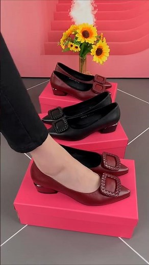 Elegant Burgundy Square Buckle Pointed Toe Pumps Timeless Office Style #shoes #fashion #shortsfeed