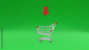 Realistic 3d loop animation of a shopping cart with full stack of product parcel box. A supermarket cart move rotate on green screen in delivery trade concept.