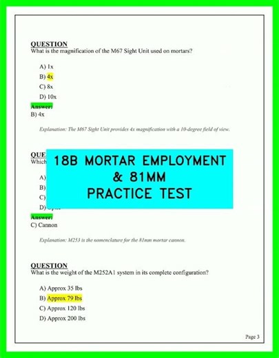 18B MORTAR EMPLOYMENT & 81MM PRACTICE TEST QUESTIONS AND ANSWERS 2026 COMPLETE STUDY GUIDE TEST 26