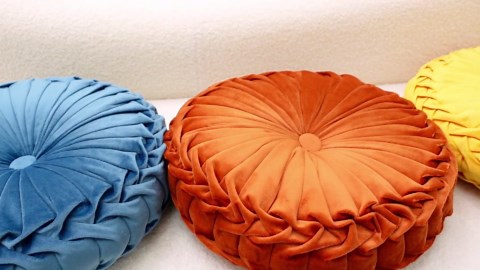 Drydiet 3 Pcs Round Throw Velvet Pillows Decorative Pleated Throw Pillows 15'' Diameter Accent Pumpkin Boho Chair Cushion for Couch Sofa Home Decoration (Yellow,Brunt Orange,Blue)
