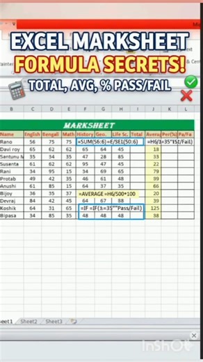 Marksheet formula|Marksheet in Excel sheet|#marksheet #excelformula #exceltips #techtips #computer
