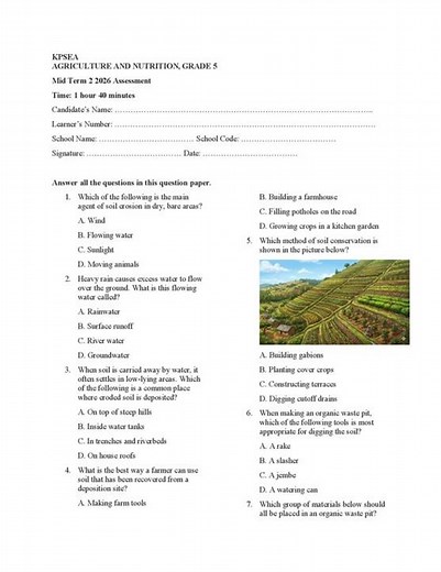 Grade 5 Agriculture and Nutrition Mid Term 2 2026 Exam