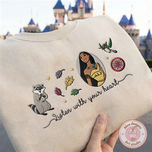 EMBROIDERED Pocahontas Princess Tshirt Sweatshirt Hoodie, Disney Listen With Your Heart Magic Kingdom WDW Disneyland Embroidery Shirt - Etsy
