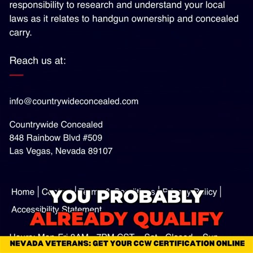  2025 Update: New Concealed Carry Rights for Nevada Veterans!   Qualify Online in Minutes For Your CCW permit—The Program Ends Soon!   Click Below To Get Started  | CCW Training Cert | Facebook