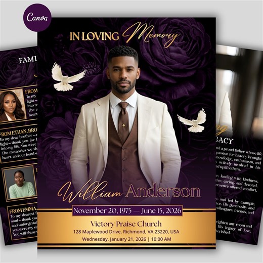 Purple Roses Funeral Program Template: 8-page Memorial (canva, PDF Download) Funeral Brochure Program, Celebration of Life Brochure Template - Etsy