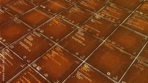 Bright computer background with program codes. Animation. Background with computer codes in tabular form. Colored cells with changing text or lines of code