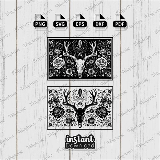 Floral Hirsch Schädel SVG Laser Gravur Datei Botanische Holzschnitt Geweih Schneidebrett Vektor-Design - Etsy.de