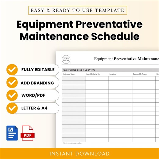 Equipment Preventative Maintenance Schedule Template - Word & PDF, A4   US Letter - Etsy