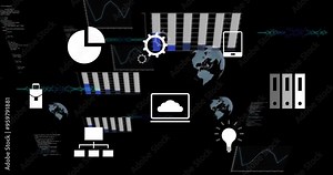 Charts, graphs, and technology icons animation over dark background with data visualizations