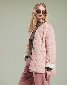ASOS DESIGN oversized quilted jacket in pink stripe and contrast lining | ASOS