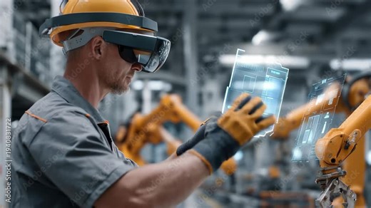 Engineer operates robotic arms using augmented reality technology in a modern industrial workspace during daylight hours