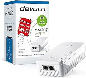 devolo Magic 2 WiFi next Powerline Add-on | Mesh Wi-Fi AC | 2000 Mbps | 1 Passthrough Adapter | G.hn Wave 2 | Multi-User MIMO | 2x Gb LAN Ports | Plug & Play | Expand your existing Wi-Fi coverage