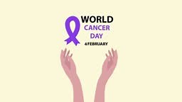 Close up of hands animation holding World Cancer Day text with purple...