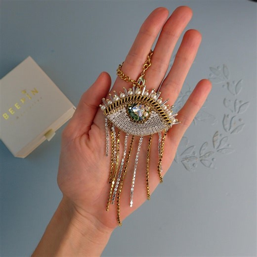 Evil Eye Bag Charm, Hand Embroidered Pearl & Crystal Keychain, Protective Eye Talisman, Luxury Handmade Bag Accessory - Etsy