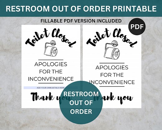 Restroom Closed Printable Sign, Toilet Out of Order PDF - A4 Bathroom Maintenance Notice - Etsy