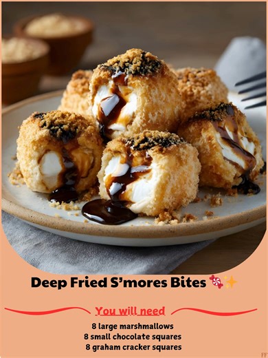 Deep 🐪 Fried S’mores Bites 🍬✨ Classic campfire flavor meets state fair magic! These golden-fried treats have crispy exteriors and ooey-gooey chocolate-marshmallow centers — an indulgent dessert everyone will flip for. Perfect for parties, movie nights, or when it’s too rainy for a firepit! 🛒 Ingredients: 8 large marshmallows 8 small chocolate squares or chocolate chips 8 graham cracker squares ..... Full Recipe in Coʍmеոτ 💬 🌹 | Family Meal Recipes