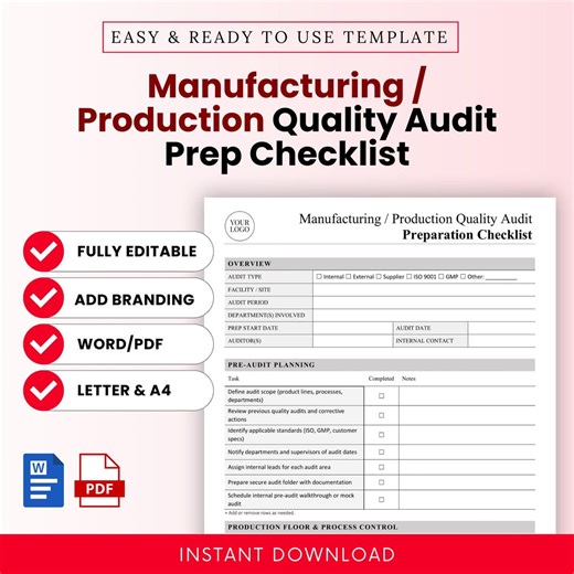 Manufacturing / Production Quality Audit Preparation Checklist Template – Word & PDF, A4   US Letter - Etsy