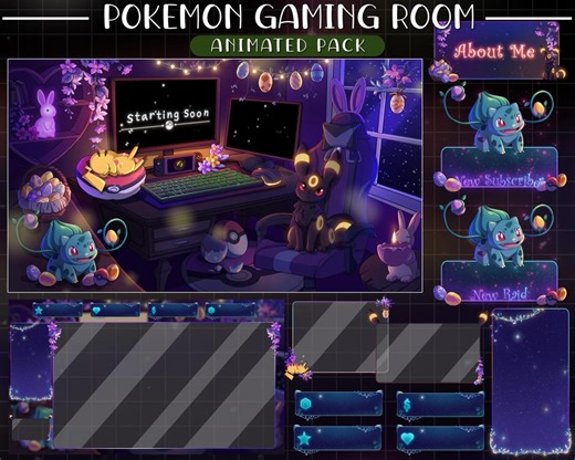 ANIMATED Stream Package: Pokemon Gaming Room Stream Overlay | Pikachu, Umbreon, Bulbasaur Background | Cute Pokemon Twitch Overlay - Etsy