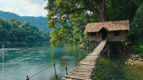Wooden bridge leading to a treehouse in the jungle with a river in the foreground.