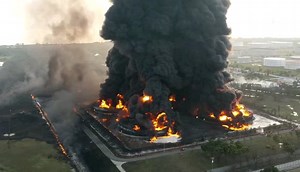 Drone view of Indonesia's largest oil refinery explosion in Indramayu last night