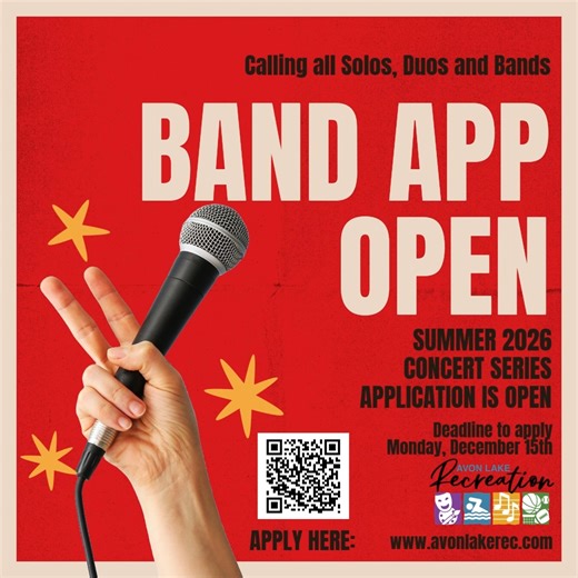 🎶 Now Accepting Applications for the 2026 Avon Lake Summer Concert Series! 🎶 We’re looking for talented solo acts, duos, and bands to take the stage in our beautiful city parks next summer! If you love performing and want to be part of Avon Lake’s favorite summer tradition, we want to hear from you. ☀️🎸🥁 📅 Application Deadline: December 15, 2025 🎤 Who Can Apply: Solo artists, duos, and full bands — all genres welcome! Bring your sound, your energy, and your fans — and help us make Summer 2