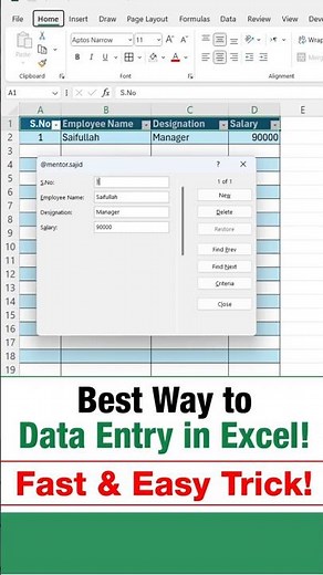 MS Excel Data Entry Form | Alt + D + O Shortcut | Manage Employee Records Easily