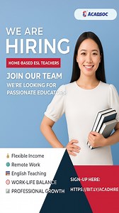 Ready to inspire learners? 🌟 At Acadsoc, enjoy a Flexible Schedule ⏰, Work from Home comfort 🏡, and join a Supportive Community 🤝 that values your growth. We provide all the tools you need to teach effectively and make a real impact. Whether you're starting or advancing your ESL career, we want you on our team! 🚀 Start your rewarding teaching journey today, apply now and change lives from anywhere! 🌐 Apply here 👉 https://bit.ly/newacadh #ESLJobs #OnlineTeaching #WorkFromHome #TeachEnglish 