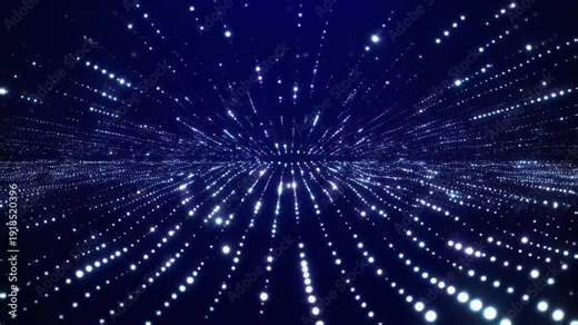 Abstract blue digital data streams and particles flowing from a vanishing point, representing technology and connectivity