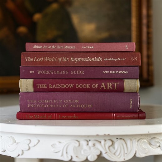 Burgundy and Brick Red Coffee Table Books Set of 6, Large Art and Antiques Book Stack