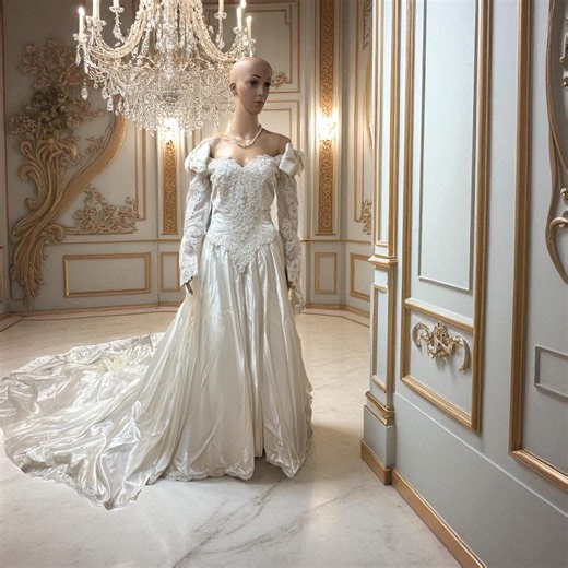 Vintage Satin Wedding Gown: Basque Waist, Off-shoulder Ball Gown - Etsy