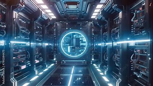 A bustling and productive scene in a spacious room, filled with numerous rows of computers being used by people engaged in various tasks, Space-age design of a NAS storage system