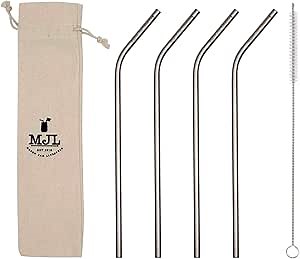 Long Thin Bent Stainless Steel Straws for Quart or Pint & Half Mason Jars, 4 Pack + Cleaning Brush