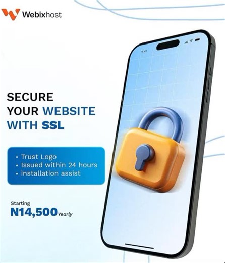 Webixhost | Web hosting services on Instagram: "⚡ WebixHost SSL Certificates - Secure Your Site Instantly! Get full website encryption starting at N14,500/year only! ✅ Instantly Issued – Active in minutes ✅ Free Installation Support – Our experts set it up for you ✅ Trust & Security – Boost visitor confidence and SEO ✅ Compatible – Works with all browsers and devices Don’t leave your site unprotected. 👉 Secure now at WebixHost.com 🔒 Easy, fast, and fully supported!"