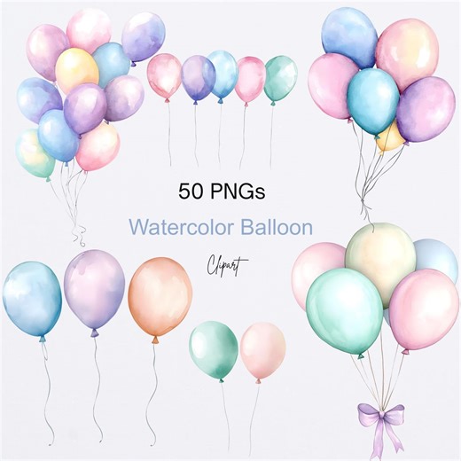 Watercolor Balloon Clipart Bundle Birthday Party Balloons PNG Transparent Pastel Decorations Digital Download Set - Etsy