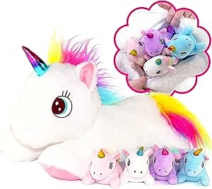 DreamsBe Unicorn Stuffed Animal with Mommy and 4 Baby Unicorns for Girls - Plush Mom Stuffie with Pocket for Babies in Her Tummy - Unicorn Gift for Girls Ages 3 4 5 6 7 8 9 Years