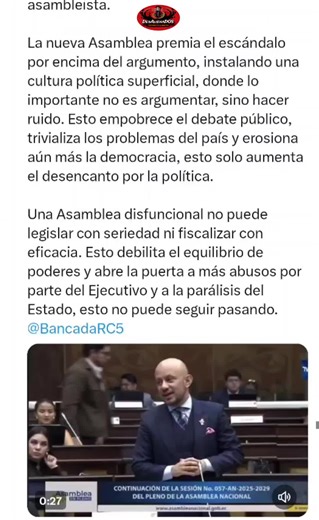 UNA V3RGÜENZA❗La bancada de ADN se ha acostumbrado a hacer show en la Asamblea Nacional. Héctor Rodríguez, asambleísta de la RC5, se refirió a la última intervención de Andrés Castillo, que causó mucha polémica. Castillo busca, mediante, el bochinche y el insult0, desafiar a la oposición. Con ello, el debate cae a un nivel muy bajo, poco profesional. #AsambleaNacional #ecuador🇪🇨 #AndrésCastillo #ADN7 #polémicapolítica