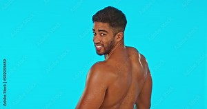 Muscle, man back flex and studio with fitness and exercise of a bodybuilder. Isolated, blue background and strong arms of a male model body with confidence and wellness with power and arm flexing