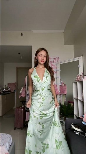 Sage Green Floral Print Formal Dress Try on