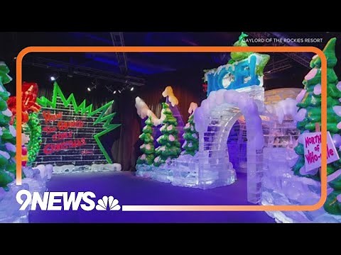Ice sculpture display featuring the Grinch opening at Gaylord Rockies
