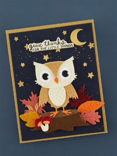 Warning: this may cause an immediate need to make fall cards! Colorful leaves, tiny mushrooms and the sweetest little owl make September’s Small Club Kit peak cozy autumn crafting. Save this for your fall card inspiration! #cardmaking #fallcrafts