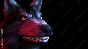 Scary Wolf: The monster comes out of the dark, growls and bites. Disturbing lighting of the animal creates a horror atmosphere.